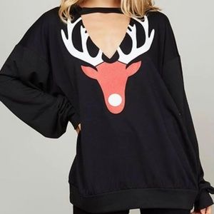 Holiday Reindeer Key Hole Long Sleeve Top